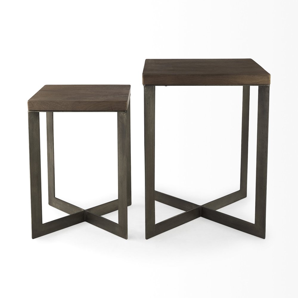 Set of Two Brown Solid Wood and Metal Square Cross Legs Nested Tables