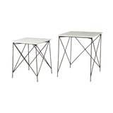 Set of Two White and Black Marble and Metal Square Nested Tables
