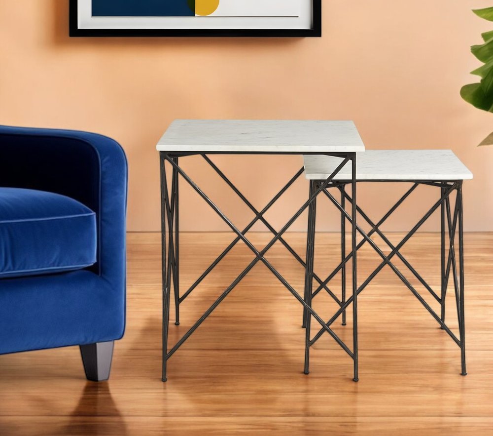 Set of Two White and Black Marble and Metal Square Nested Tables