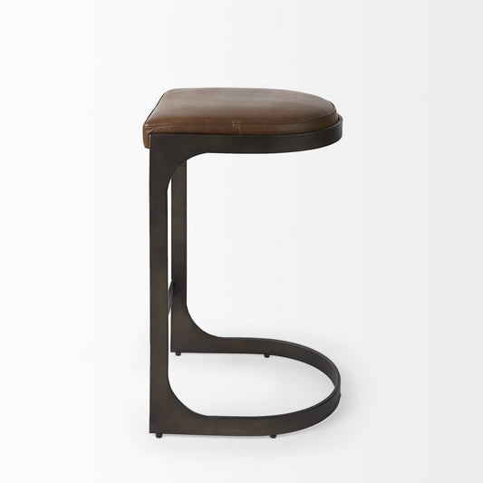 29" Brown And Black Leather And Genuine Leather And Metal Backless Counter Height Bar Chair