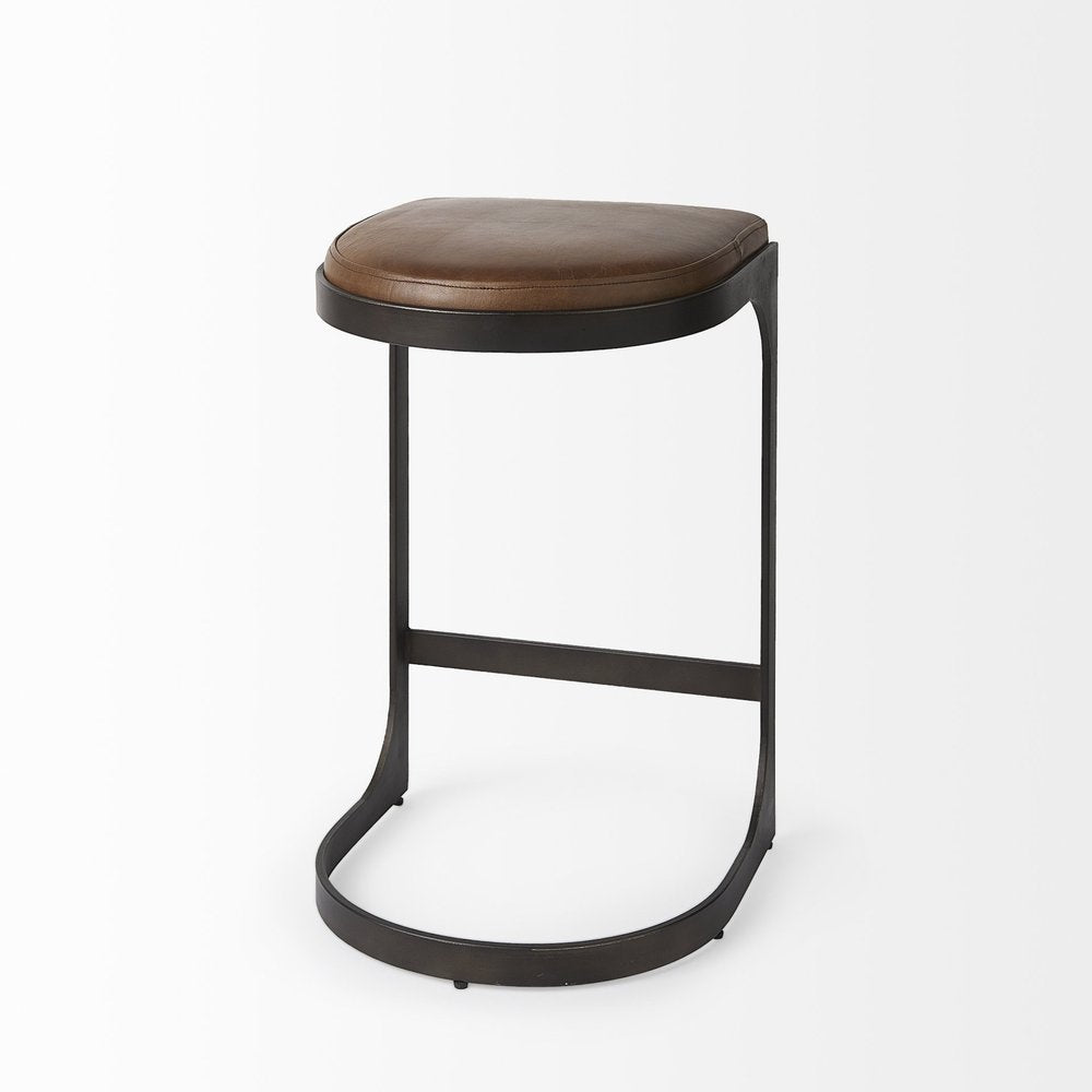29" Black Leather and Metal Backless Bar Chair