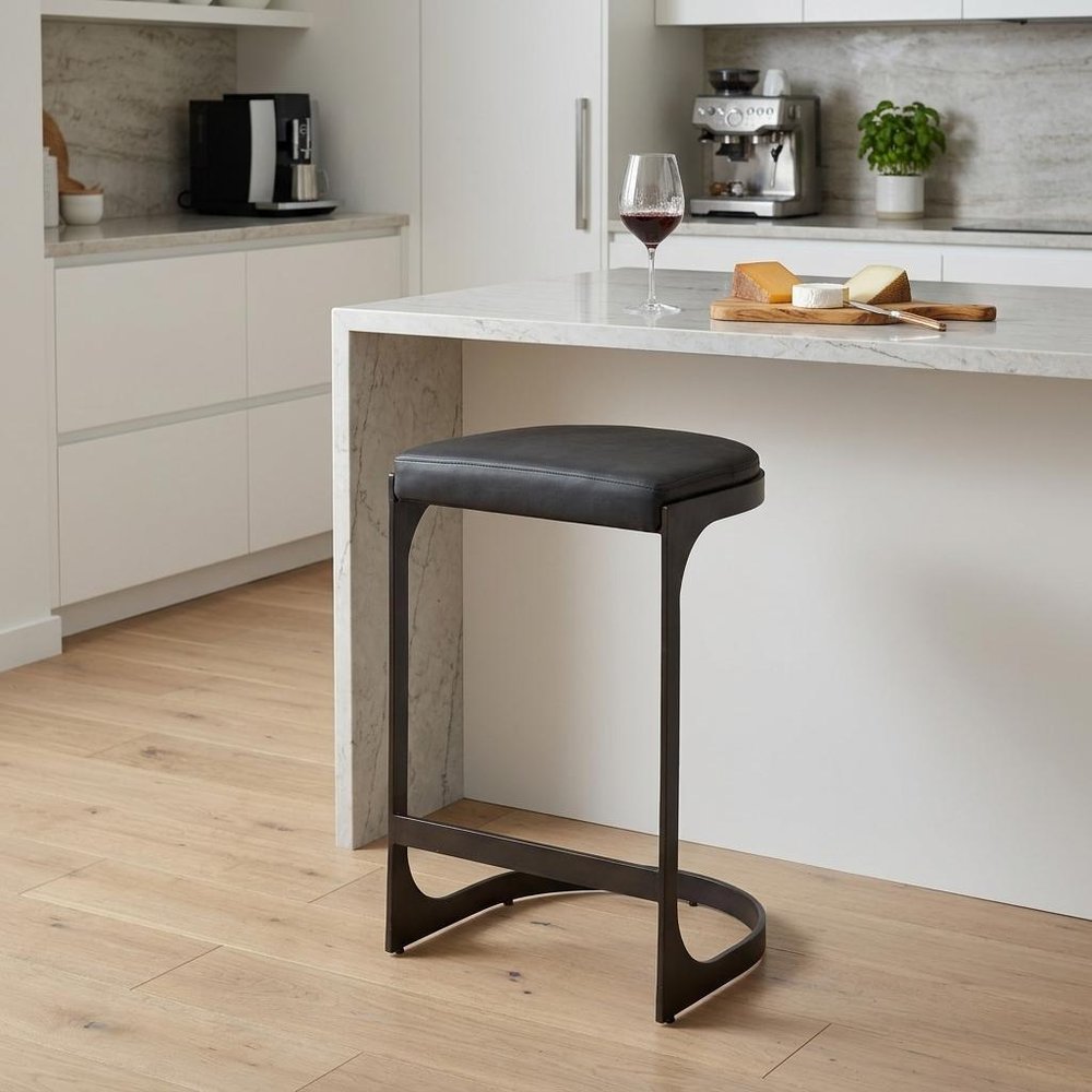 29" Black Faux Leather Genuine Leather and Metal Backless Counter Height Bar Chair