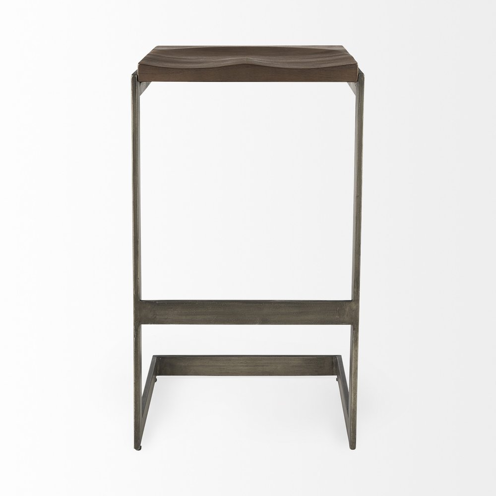 30" Wood Brown And Gray Solid Wood And Metal Backless Bar Height Bar Chair