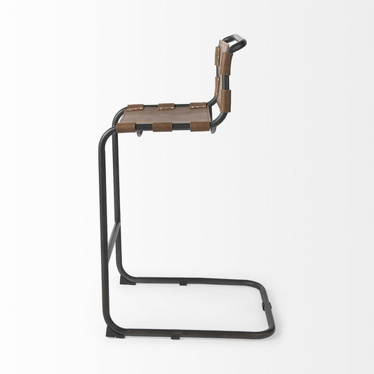 35" Brown and Black Leather and Metal Bar Chair