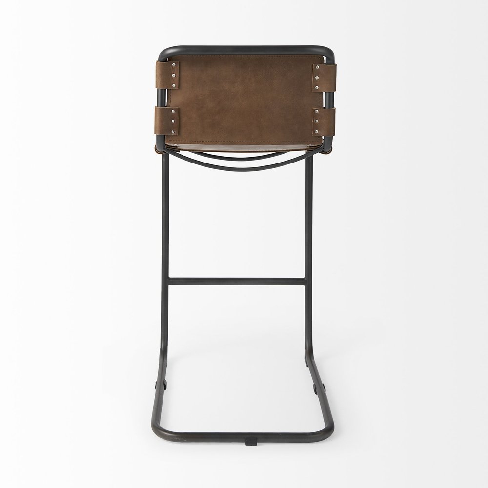 35" Brown and Black Leather and Metal Bar Chair