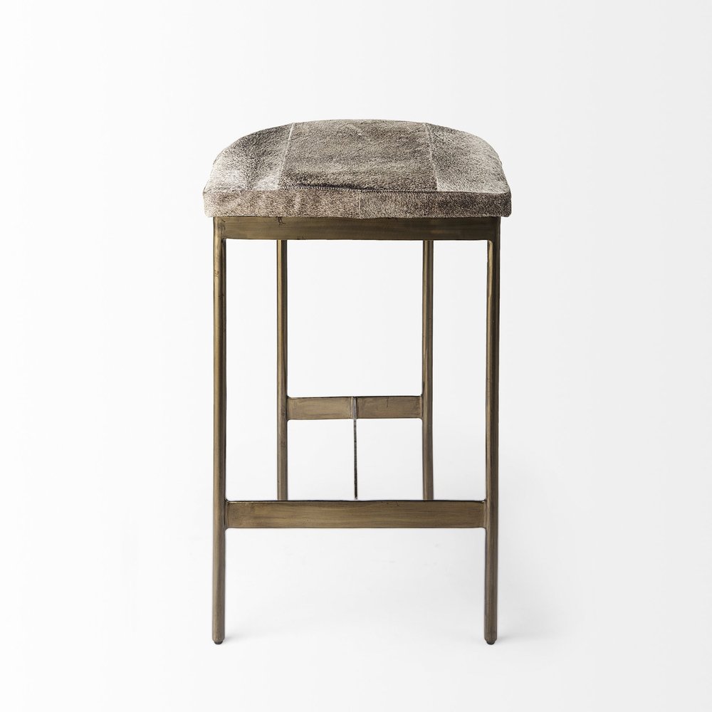 29" Gray And Gold Hair on Hide Leather And Iron Backless Counter Height Bar Chair