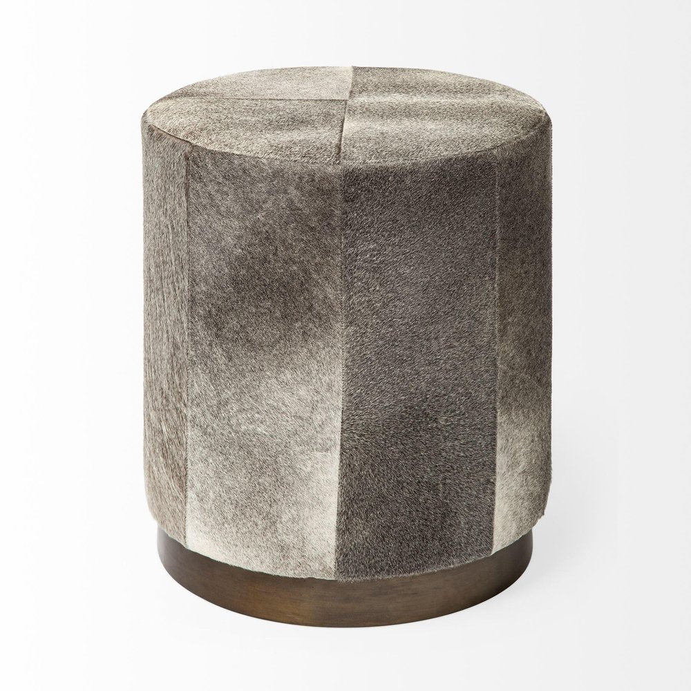 20" Gray Wool And Brown Footstool Ottoman