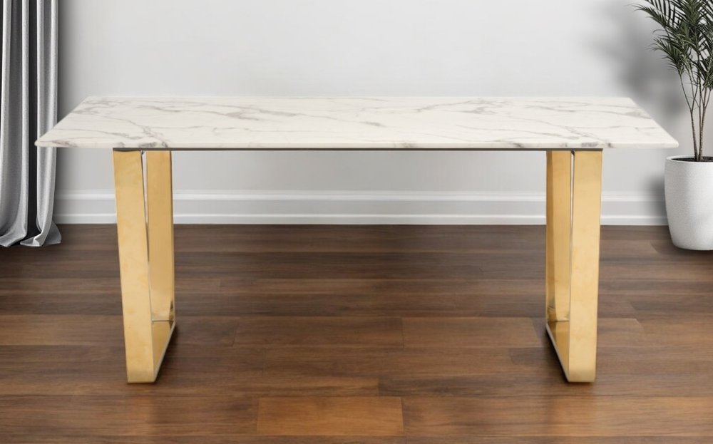 71" White And Gold Faux Marble And Steel Sled Base Dining Table