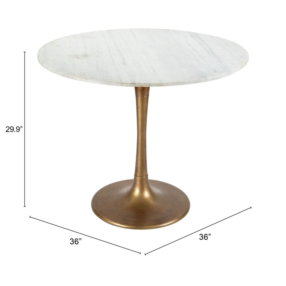 36" Modern White Marble and Burnished Gold Pedestal Bistro Table