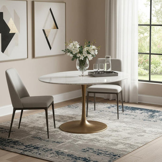47" White and Gold Marble and Steel Pedestal Base Round Top Dining Table
