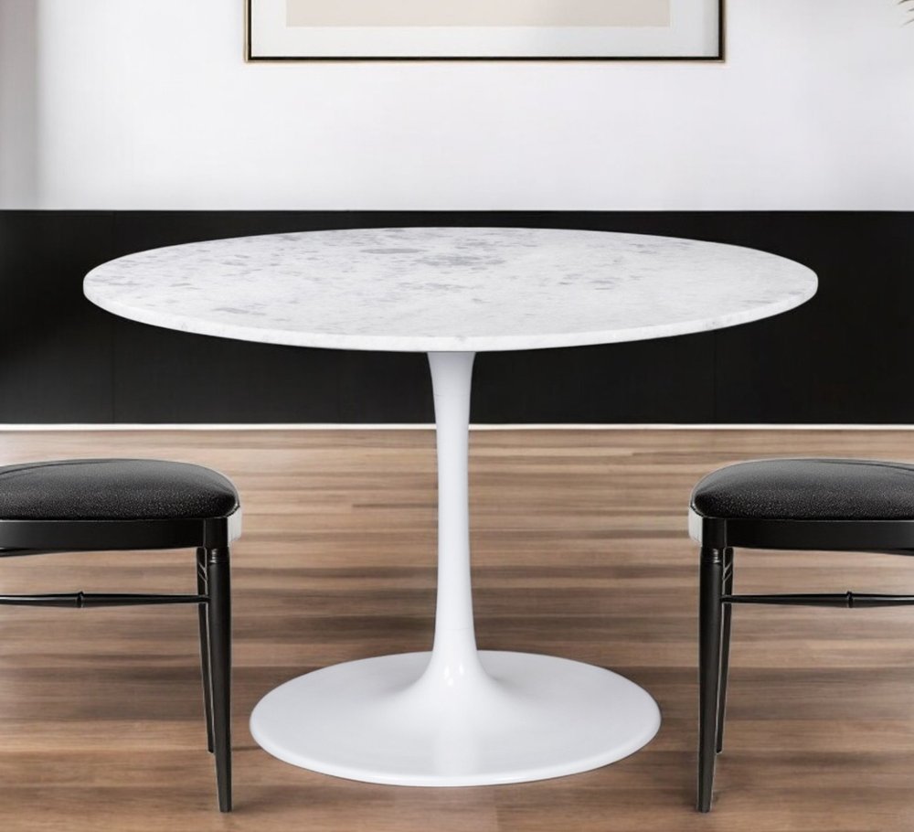 47" White Rounded Marble And Steel Pedestal Base Dining Table