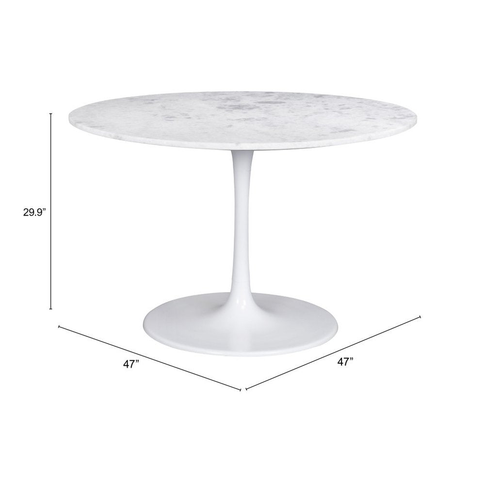 47" White Rounded Marble And Steel Pedestal Base Dining Table
