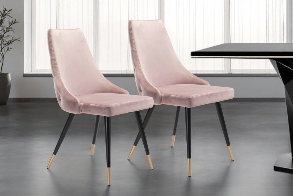 Set of Two Tufted Pink And Black Upholstered Velvet Windsor Back Dining Side Chairs
