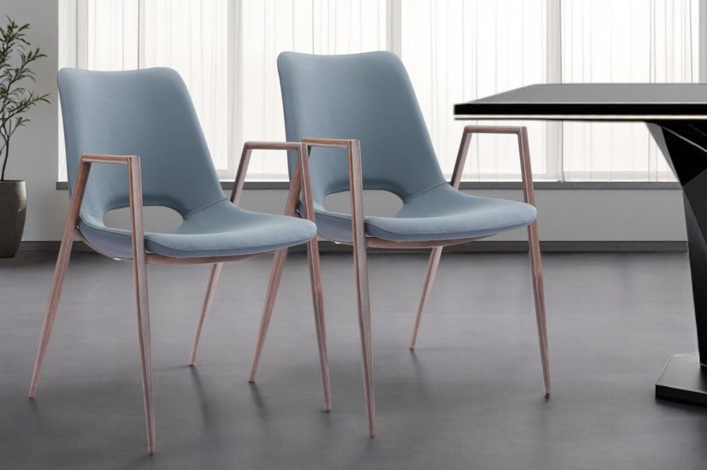 Set of Two Gray And Brown Upholstered Faux Leather Open Back Dining Arm Chairs