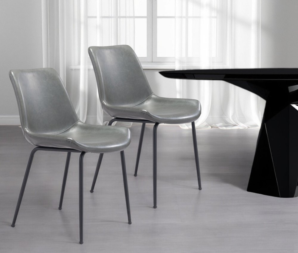 Set of Two Gray And Black Upholstered Faux Leather Dining Side Chairs