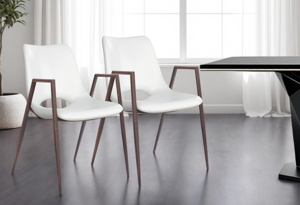 Set of Two White and Brown Upholstered Faux Leather Open Back Dining Arm Chairs