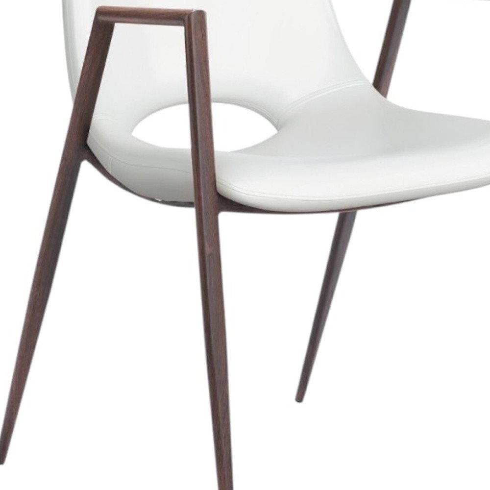 Set of Two White and Brown Upholstered Faux Leather Open Back Dining Arm Chairs