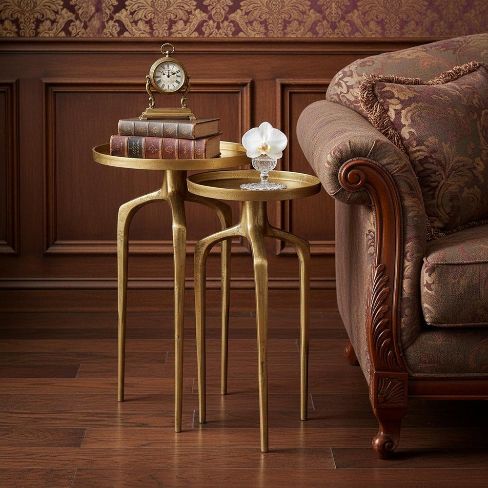 Set of Two Antiqued Gold and Gold Distressed Aluminum Nested Tables