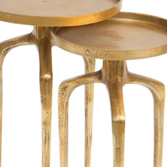 Set of Two Antiqued Gold and Gold Distressed Aluminum Nested Tables