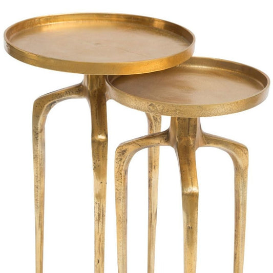 Set of Two Antiqued Gold and Gold Distressed Aluminum Nested Tables