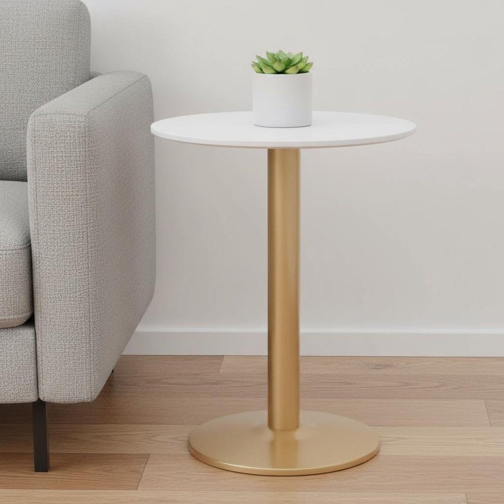 30" White and Gold Wood and Steel Pedestal End Table