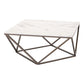 36" White and Antiqued Brass Faux Marble And Steel Square Abstract Coffee Table