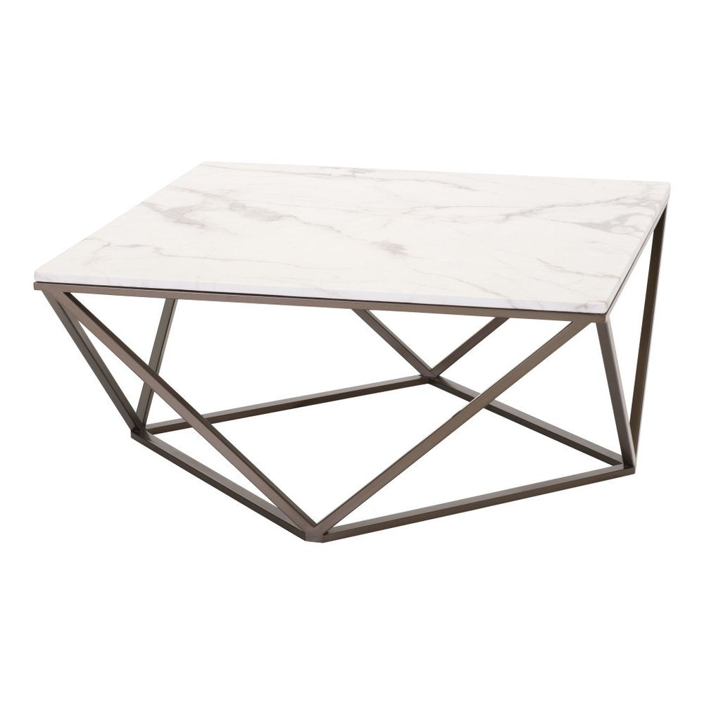 36" White and Antiqued Brass Faux Marble And Steel Square Abstract Coffee Table