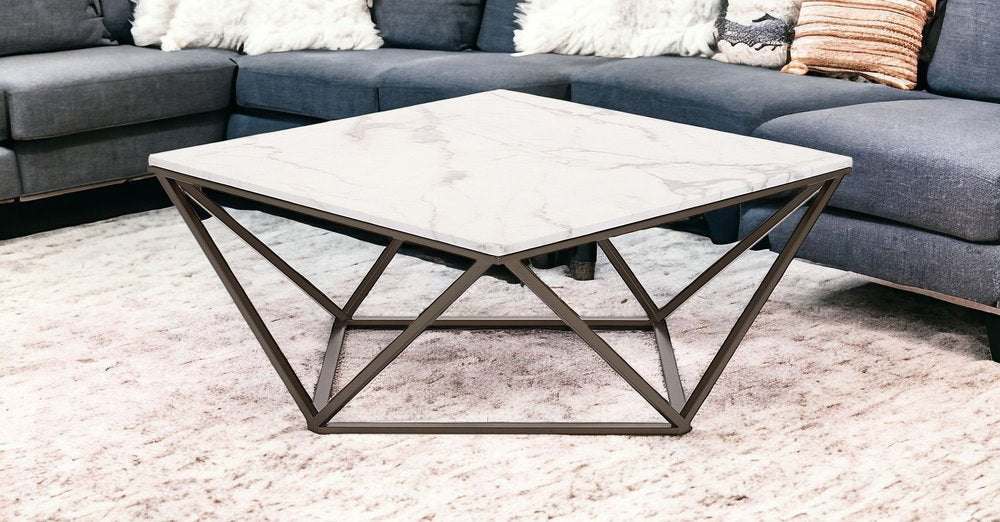 36" White and Antiqued Brass Faux Marble And Steel Square Abstract Coffee Table