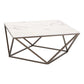 36" White and Antiqued Brass Faux Marble And Steel Square Abstract Coffee Table