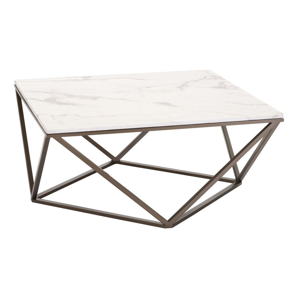 36" White and Antiqued Brass Faux Marble And Steel Square Abstract Coffee Table