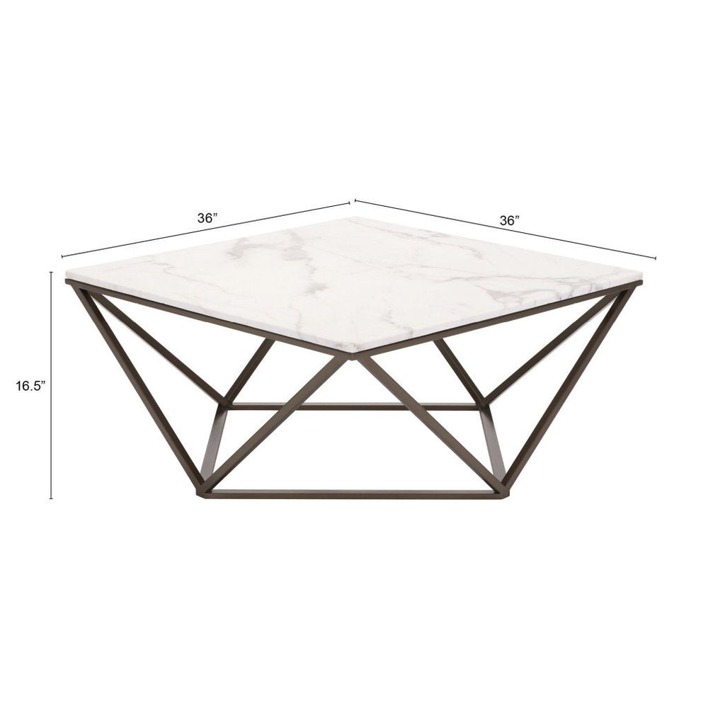 36" White and Antiqued Brass Faux Marble And Steel Square Abstract Coffee Table