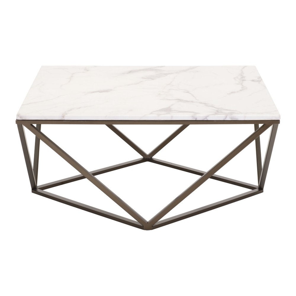 36" White and Antiqued Brass Faux Marble And Steel Square Abstract Coffee Table