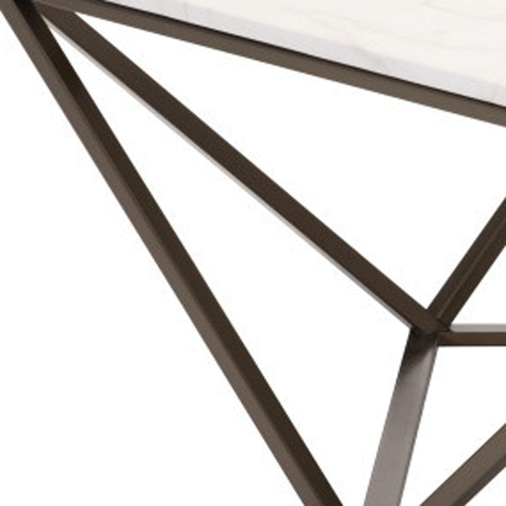 36" White and Antiqued Brass Faux Marble And Steel Square Abstract Coffee Table
