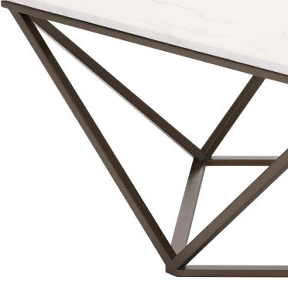 36" White and Antiqued Brass Faux Marble And Steel Square Abstract Coffee Table