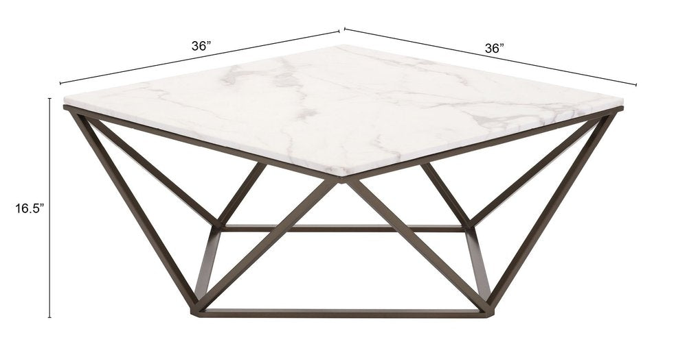 36" White and Antiqued Brass Faux Marble And Steel Square Abstract Coffee Table