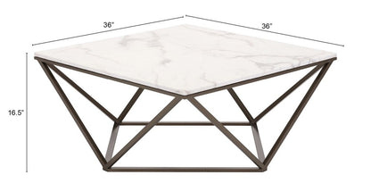 36" White and Antiqued Brass Faux Marble And Steel Square Abstract Coffee Table