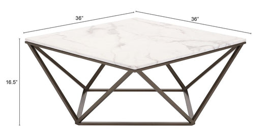 36" White and Antiqued Brass Faux Marble And Steel Square Abstract Coffee Table