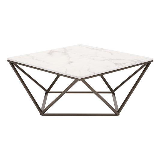 36" White and Antiqued Brass Faux Marble And Steel Square Abstract Coffee Table