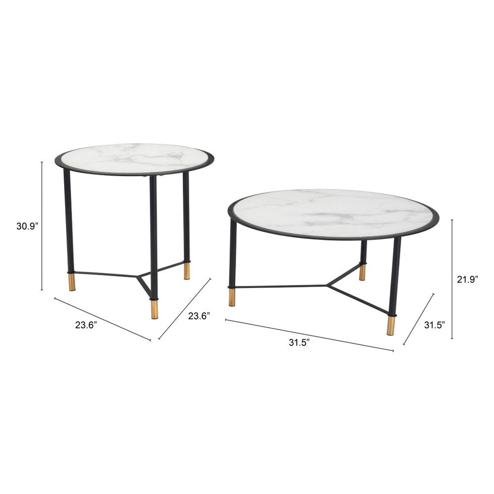 Set of Two White and Black Faux Marble And Glass And Steel Round Bunching Coffee Tables