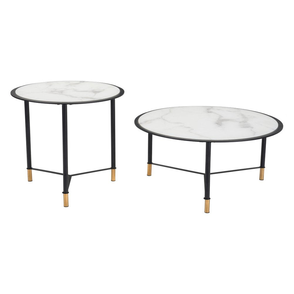 Set of Two White and Black Faux Marble And Glass And Steel Round Bunching Coffee Tables