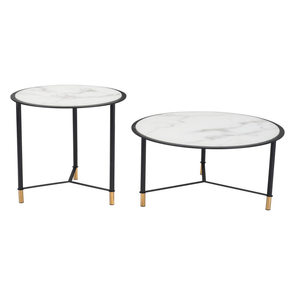 Set of Two White and Black Faux Marble And Glass And Steel Round Bunching Coffee Tables