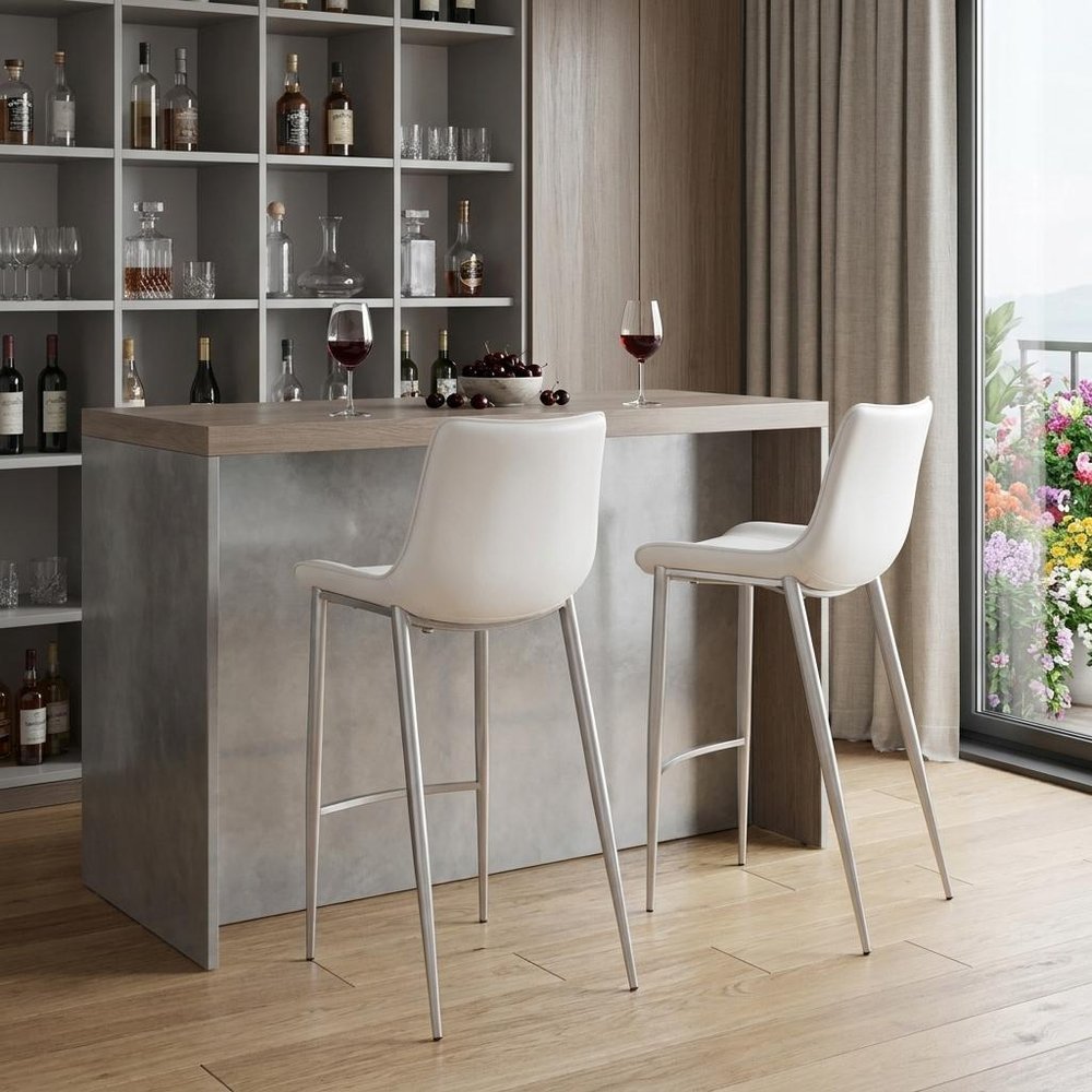 Set of Two 30" White And Silver Steel Low Back Bar Height Bar Chairs