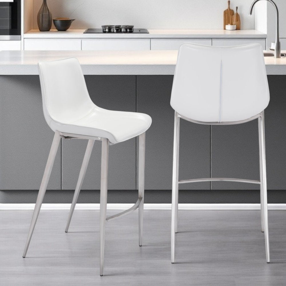 Set of Two 30" White And Silver Steel Low Back Bar Height Bar Chairs