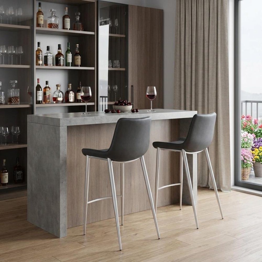 Set of Two 30" Black And Silver Steel Low Back Bar Height Bar Chairs