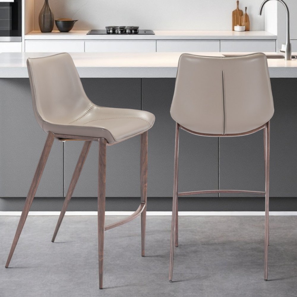 Set of Two 30" Gray And Brown Steel Low Back Bar Height Bar Chairs