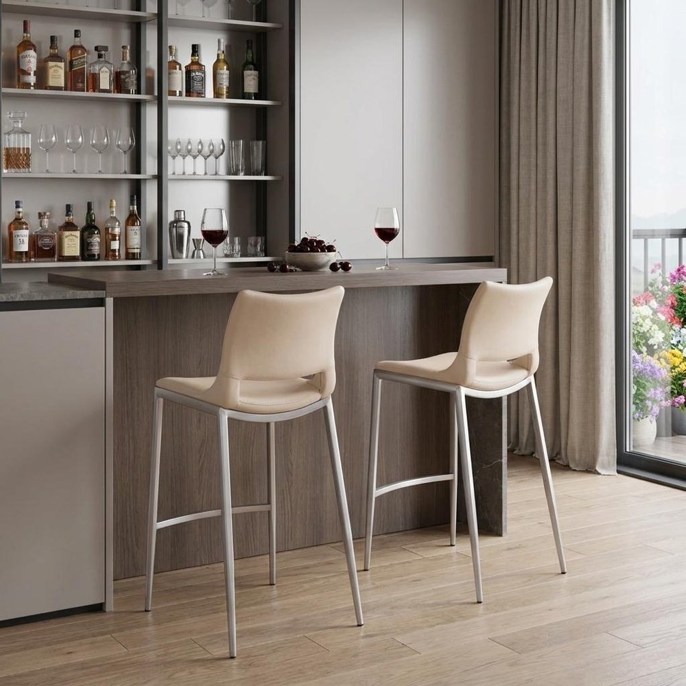 Set of Two 29" Light Pink And Silver Faux Leather And Steel Low Back Bar Height Bar Chairs