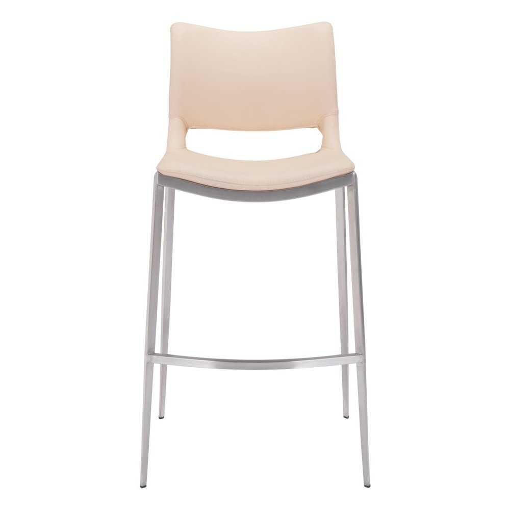 Set of Two 29" Light Pink And Silver Faux Leather And Steel Low Back Bar Height Bar Chairs