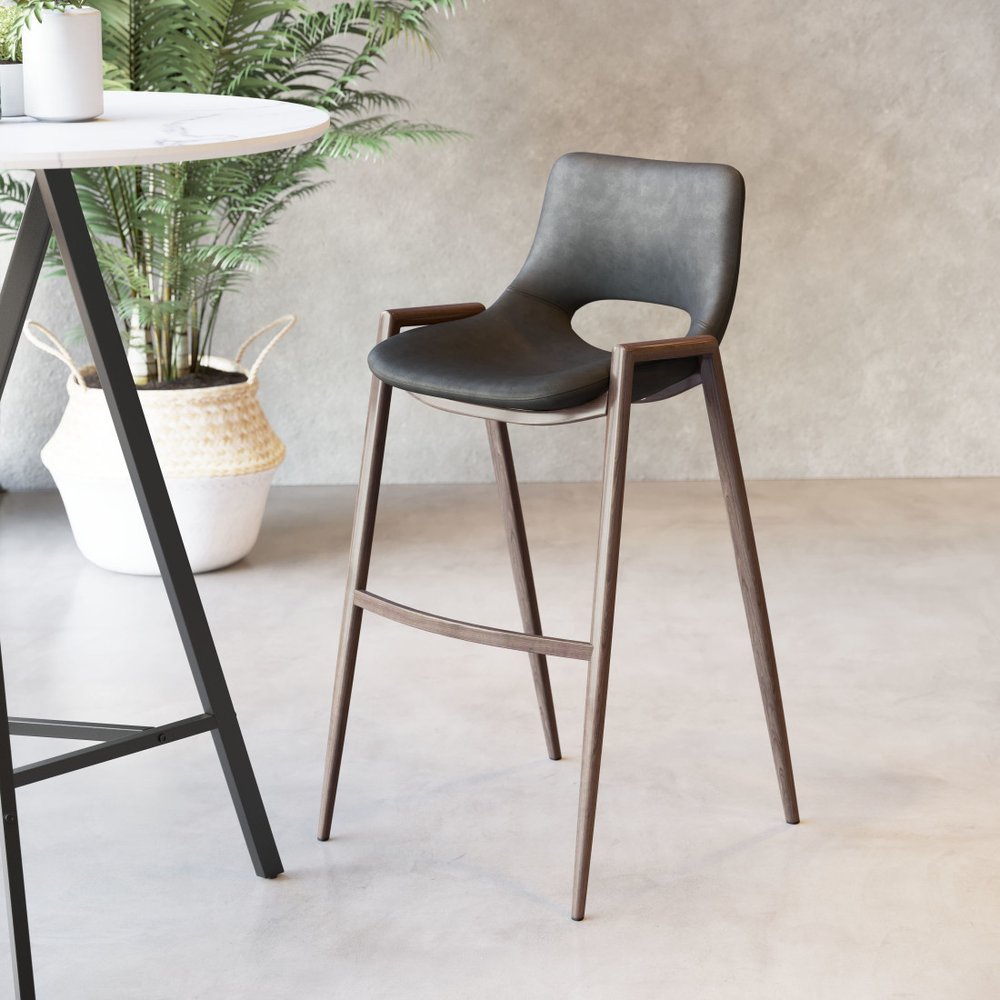 Set of Two 29 " Black And Brown Steel Low Back Bar Height Bar Chairs