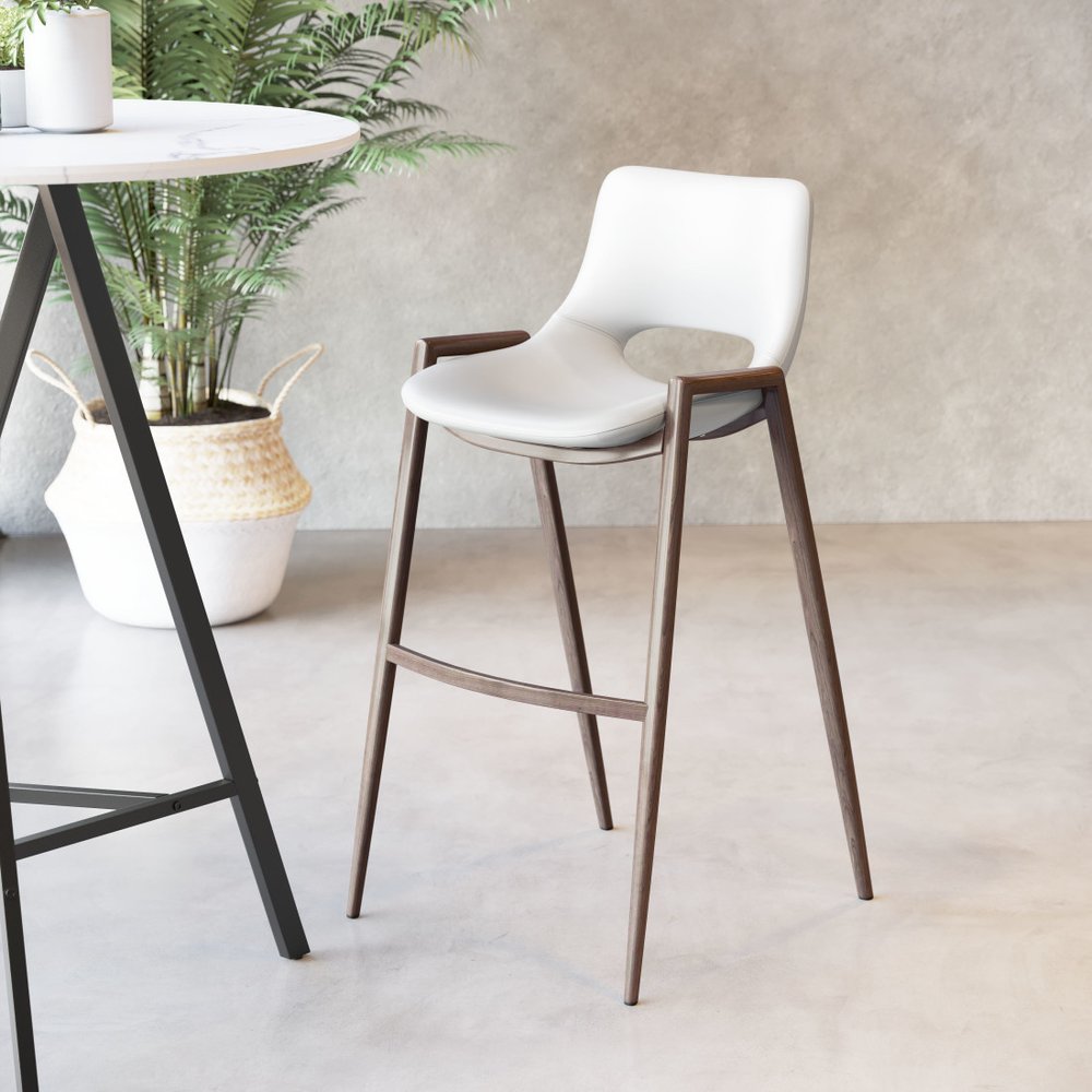 Set of Two 29" White And Brown Steel Low Back Bar Height Bar Chairs
