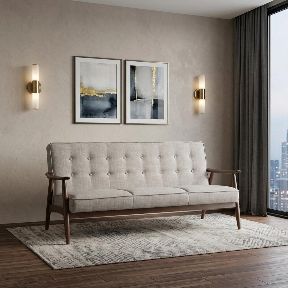 69" Beige Polyester Sofa With Brown Legs